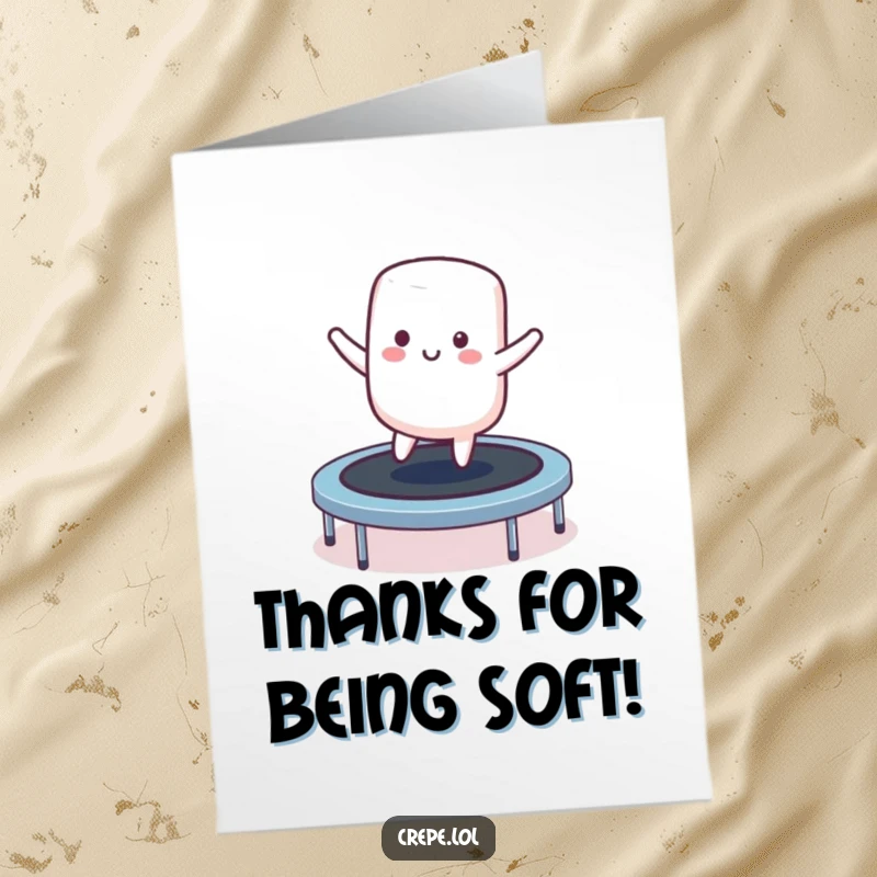 Funny Free Printable Thank You Card: A smiling marshmallow character joyfully bouncing on a trampoline.