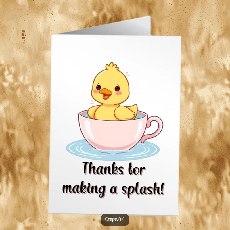 Funny Free Printable Thank You Card: A cheerful duckling happily paddling and splashing in a teacup, sending bubbly thanks.
