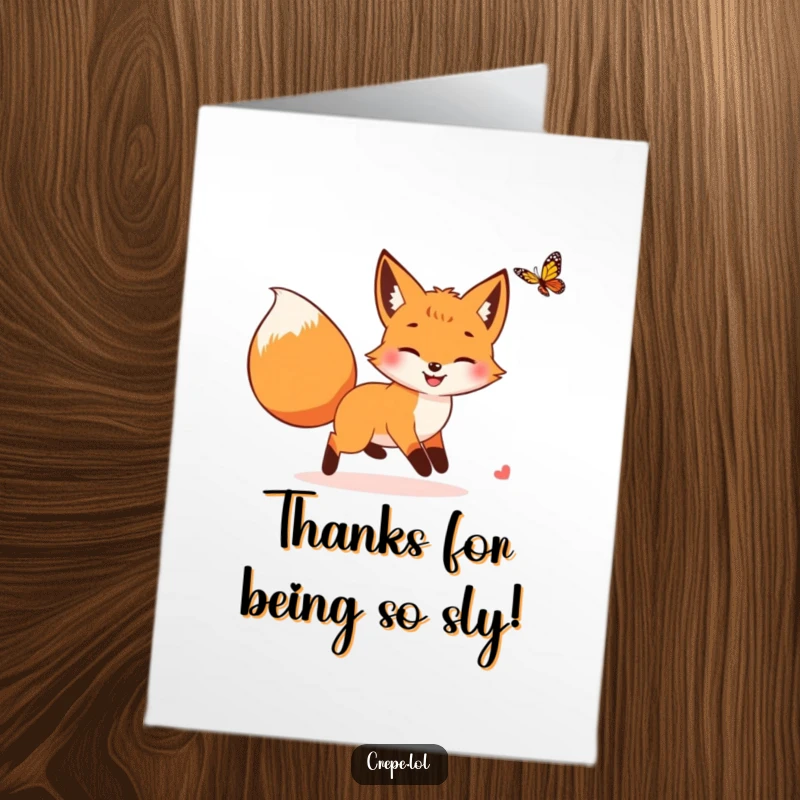 Funny Free Printable Thank You Card: A smiling fox with a bushy tail playfully chasing a butterfly, sending thanks playfully.
