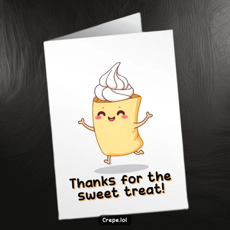 Funny Free Printable Thank You Card: A crepe with whipped cream joyfully hopping, sending thanks your way.