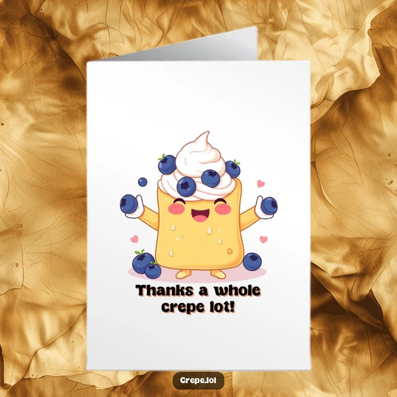 Funny Free Printable Thank You Card of a cheerful crepe with whipped cream arms juggling blueberries, expressing gratitude with humor.
