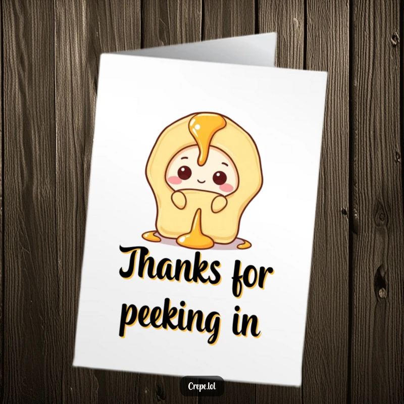 Funny Free Printable Thank You Card with a shy banana crepe peeking from behind syrup, offering a quiet thank you.