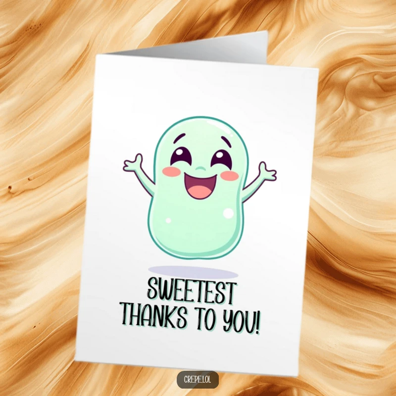 Funny Free Printable Jellybean Thank You Card: A laughing jellybean with eyes wide jumps joyfully.
