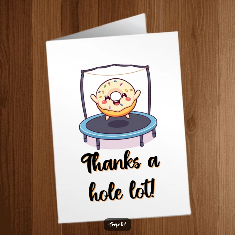 Funny Free Printable Donut Thank You Card: A delighted donut with sprinkles bounces happily on a trampoline.