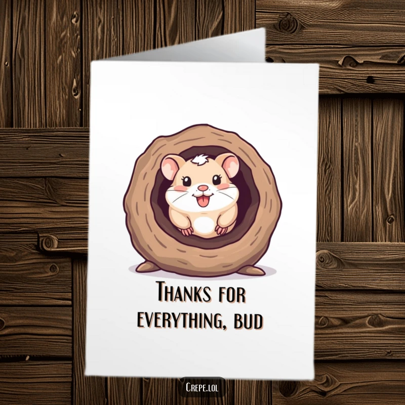 Funny free printable thank you card: a happy hamster peeks out from a hollow log, offering a cute expression of thanks.