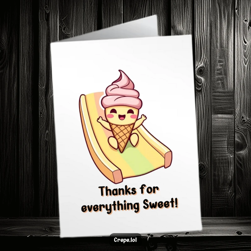 Funny Free Printable Thank You Ice Cream Card: A cheerful ice cream cone sliding down a rainbow to express sweet thanks.