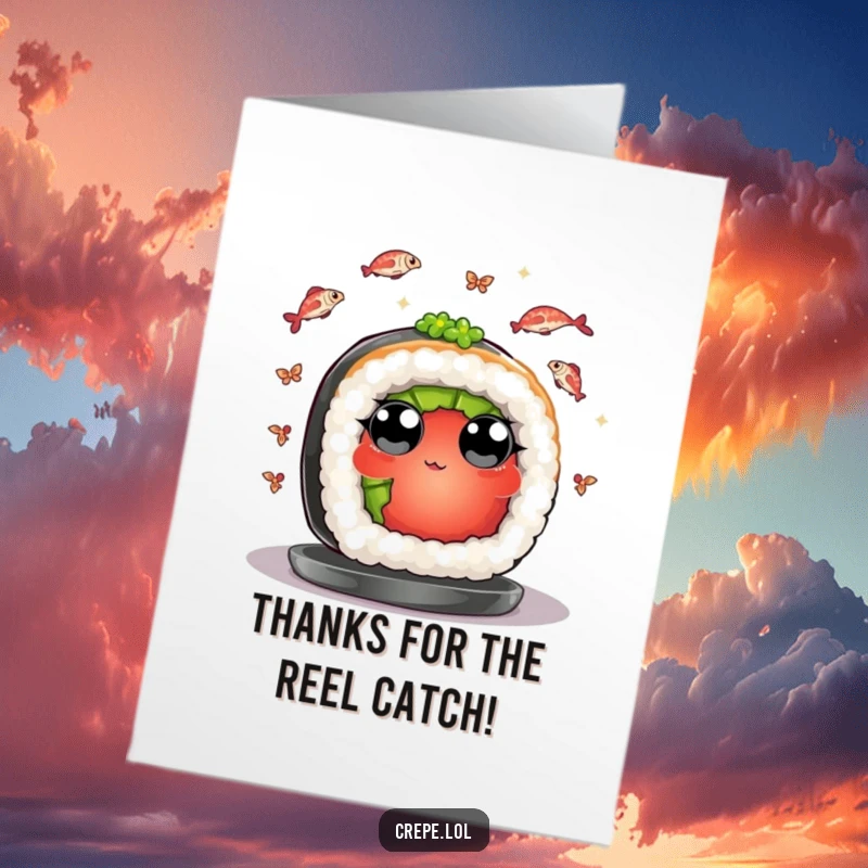 Funny Free Printable Thank You Card: A piece of sushi with wide eyes juggles tiny fish, sending thanks in a fun way!