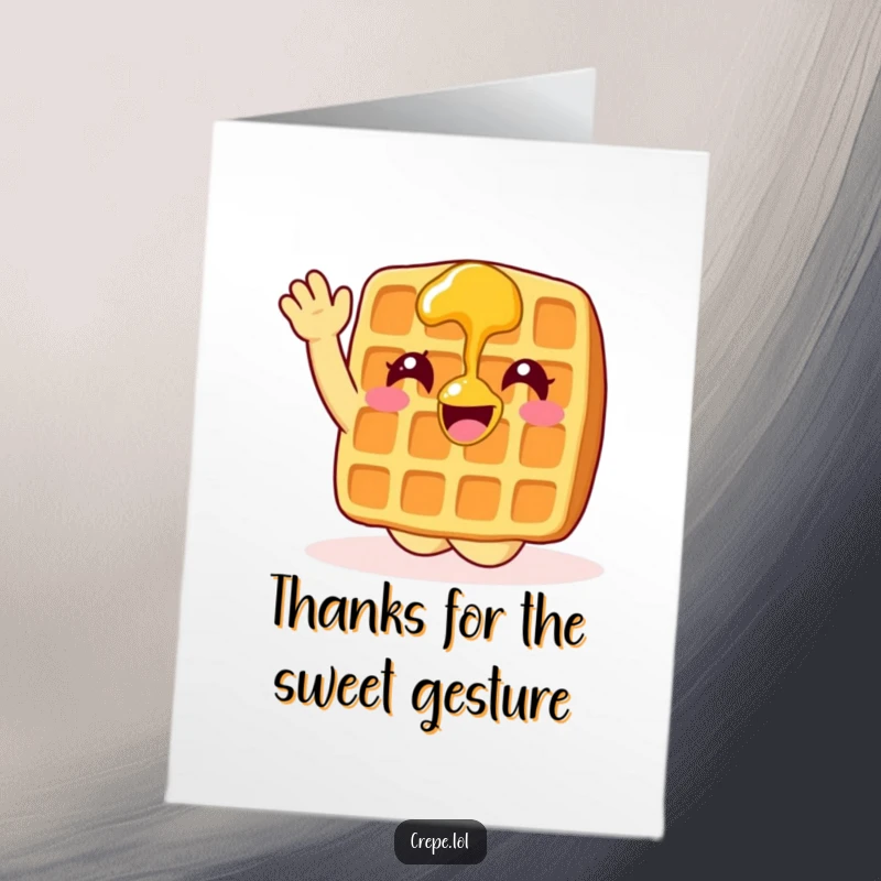 Funny Free Printable Thank You Card: A happy waffle drizzled with syrup waves enthusiastically, conveying warm thanks.