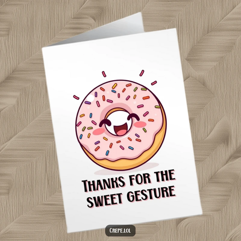Funny Free Printable Thank You Card: A happy donut with sprinkles bouncing rhythmically, expressing thanks with sugary charm.