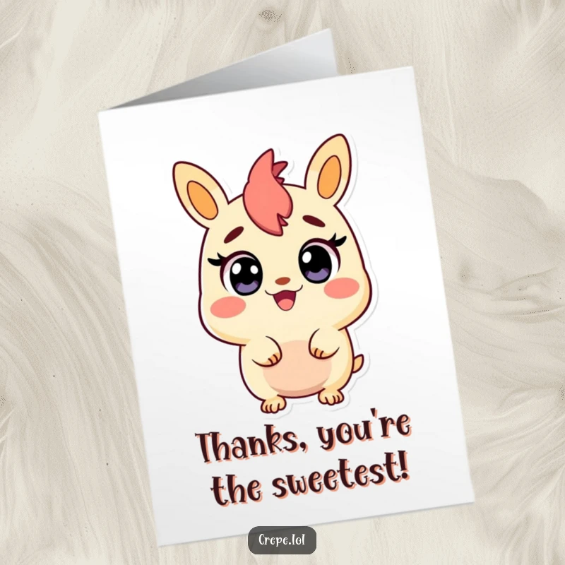 Funny free printable thank you card of a churro character with wide, happy eyes showing delighted surprise and thanks.