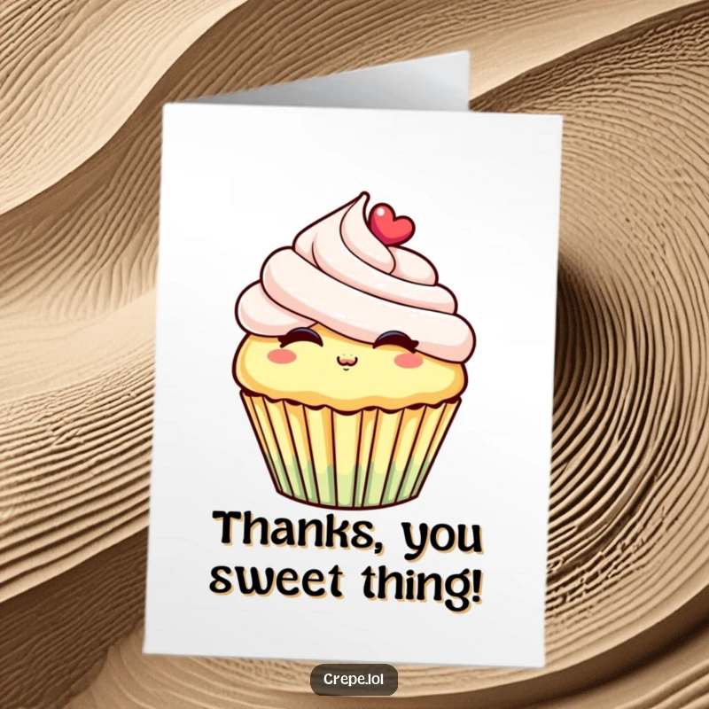 Funny free printable thank you card featuring a cheerful cupcake with frosting blowing a kiss, conveying thanks with sweetness.