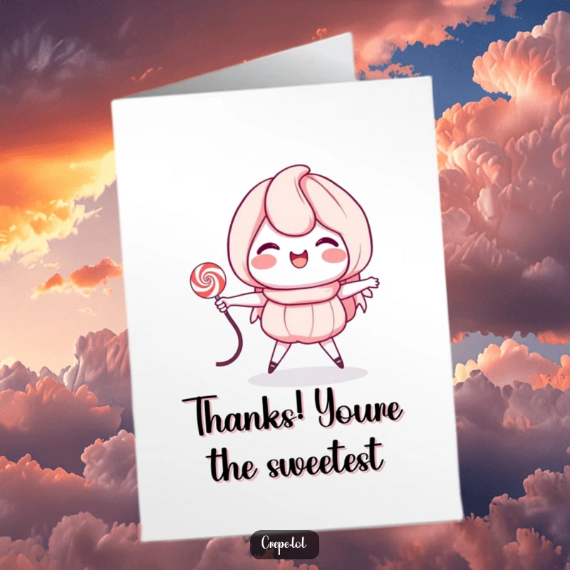 Funny Free Printable Thank You Card featuring a grinning crepe enthusiastically jumping rope as a playful expression of thanks.