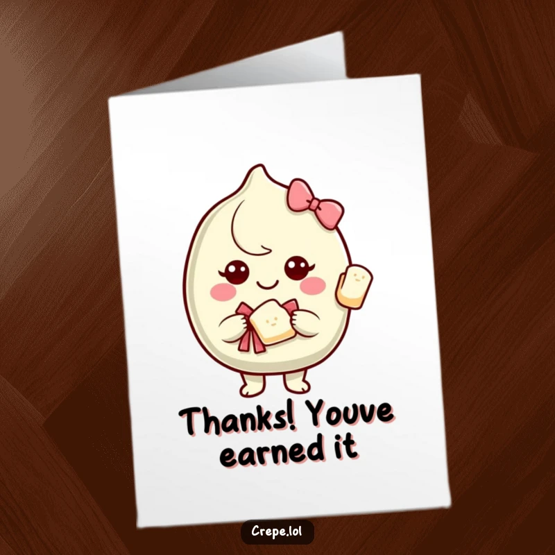 Funny Free Printable Thank You Card showing a smiling crepe presenting a piece of itself with a decorative bow as a thank you.