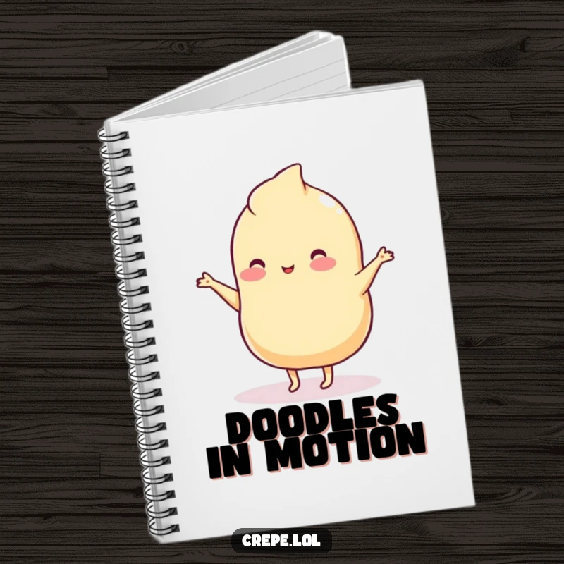 Funny notebook cover featuring a wobbly plain crepe with tiny legs in a dynamic, silly dance pose.