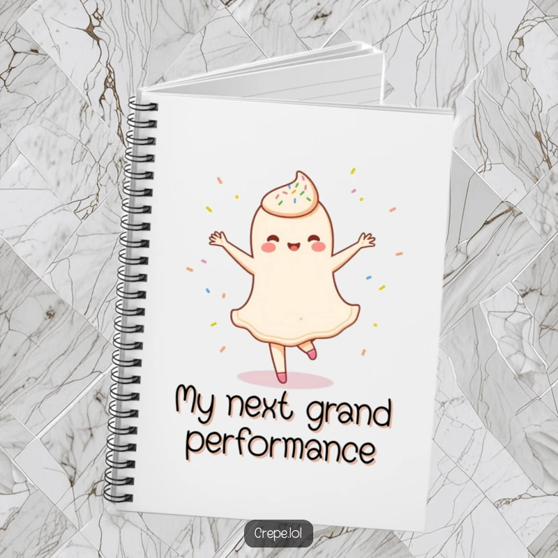 Funny notebook cover with a delighted crepe character performing a ballet twirl, sprinkled with colorful dots, ideal for creative notes.