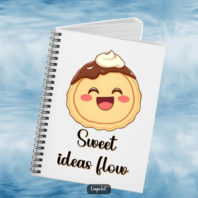 Funny notebook cover featuring a happy chocolate crepe with a wide mouth giggling, adorned with swirls of frosting.