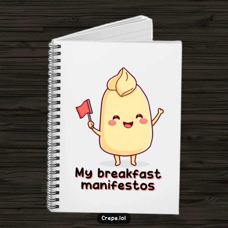 Funny Notebook: A smiling crepe character comically waving a tiny flag, perfect for jotting down sweet ideas and thoughts.