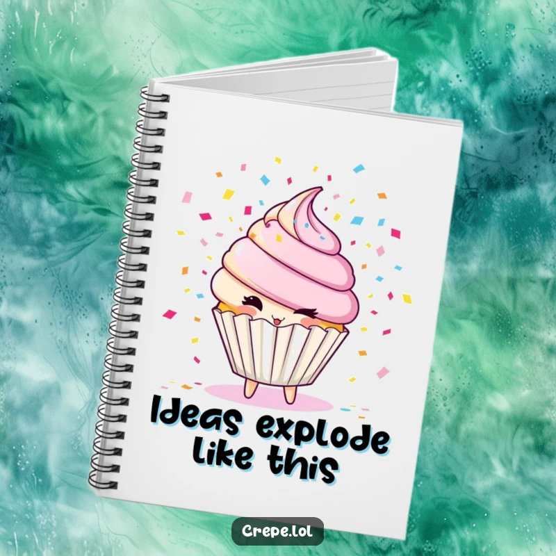 Funny cupcake character notebook, winking and scattering confetti, perfect for jotting down festive ideas.