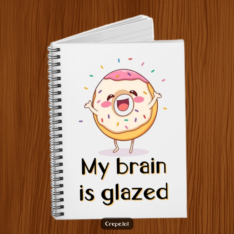 Funny donut notebook with a gleeful dancing character and flying sprinkles, ideal for note-taking with sweet humor.