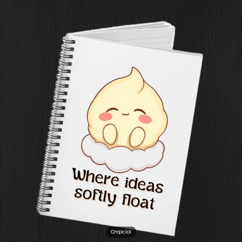 Funny notebook cover with a happy crepe character floating on a cloud, eyes closed and humming, encouraging peaceful writing.