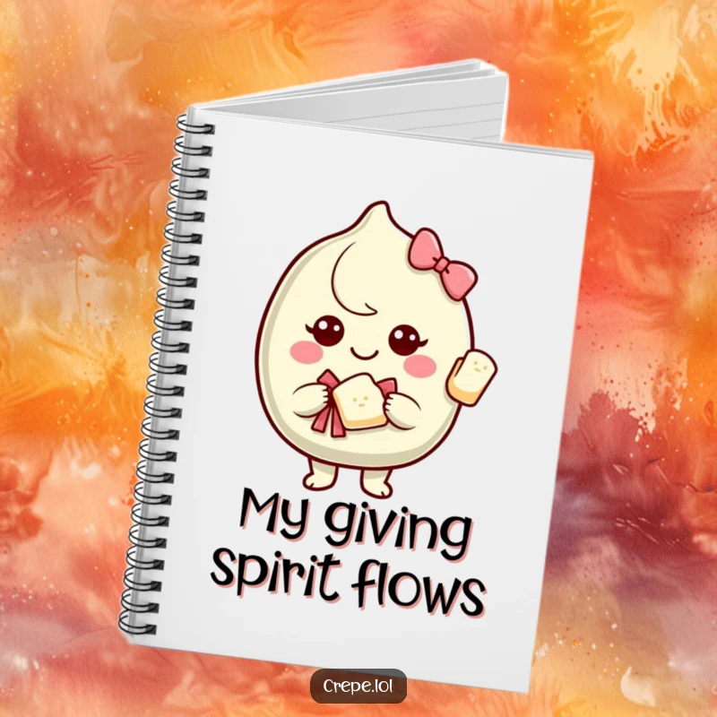 Funny notebook cover with a smiling crepe character offering a piece of itself with a bow, encouraging kind writing.