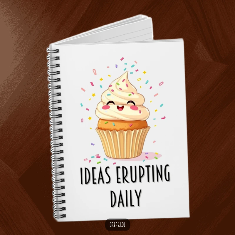 Funny notebook with a giggling cupcake spewing confetti, perfect for jotting down happy thoughts and ideas.