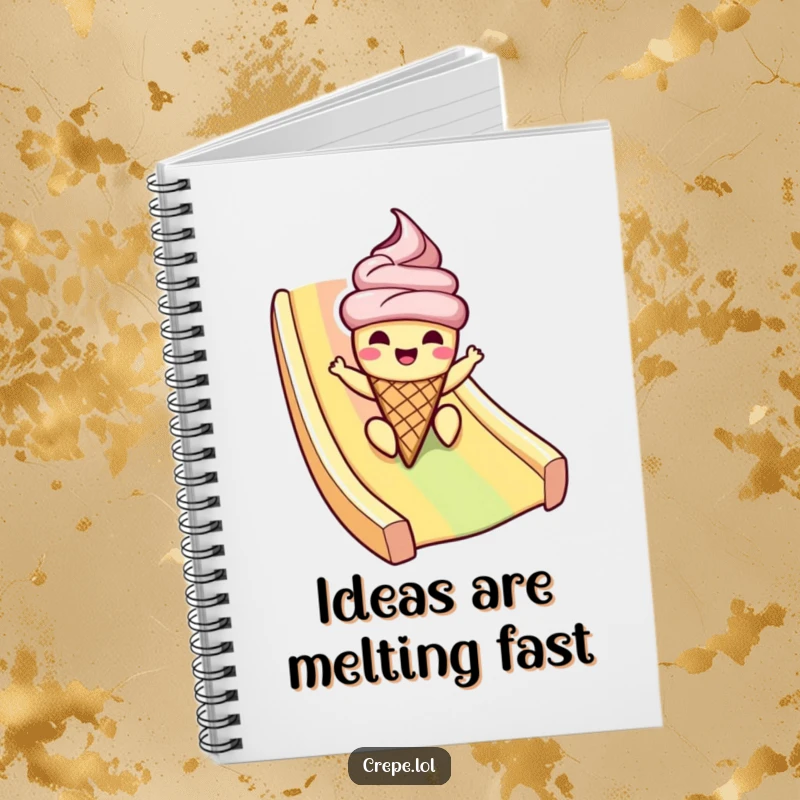 Funny ice cream notebook with a cheerful cone character sliding down a rainbow, ideal for note-taking with summer humor.