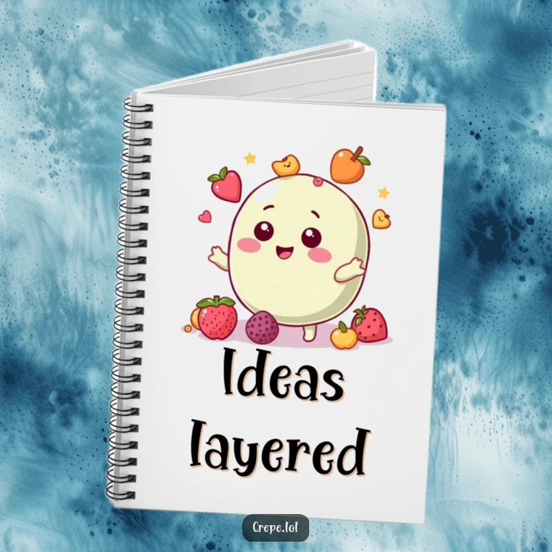 Funny notebook featuring a giggling macaron character juggling fruit toppings, ready for your notes and ideas.
