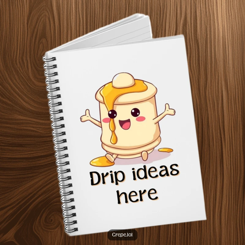 Funny pancake notebook with a bouncing character and dripping syrup, perfect for journaling and notes.