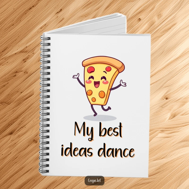 Funny pizza slice character notebook, dancing joyfully, perfect for creative writing and humorous notes.