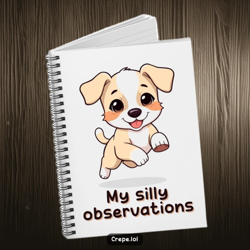Funny notebook with a bouncing puppy with floppy ears hilariously chasing its tail, ideal for jotting ideas.