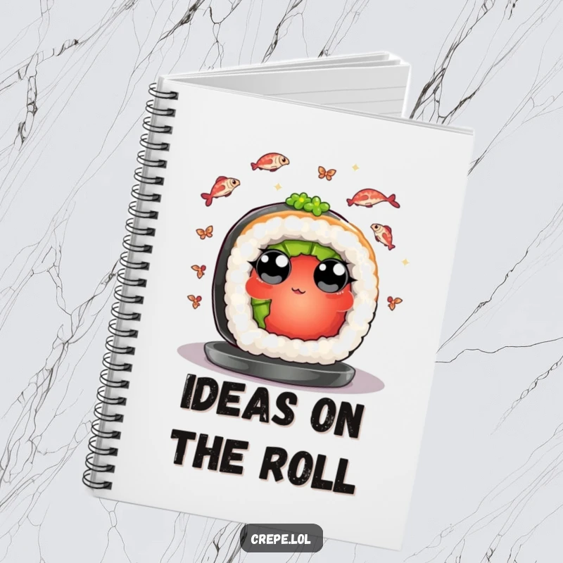 Funny notebook featuring a sushi roll juggling fish, great for capturing thoughts and creative ideas.