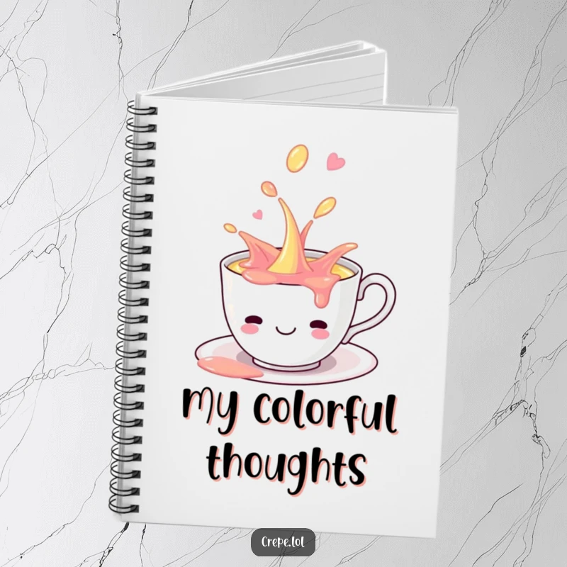 Funny smiling teacup playfully spilling colorful liquid, inspiring creativity within this humorous notebook.