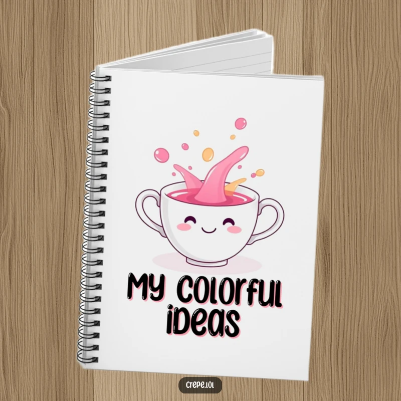 Funny teacup smiling and playfully spilling colorful liquid, featured on a notebook cover.