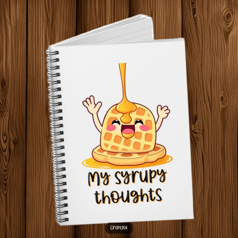 Funny happy waffle with syrup waving enthusiastically, inspiring creativity within this humorous notebook.