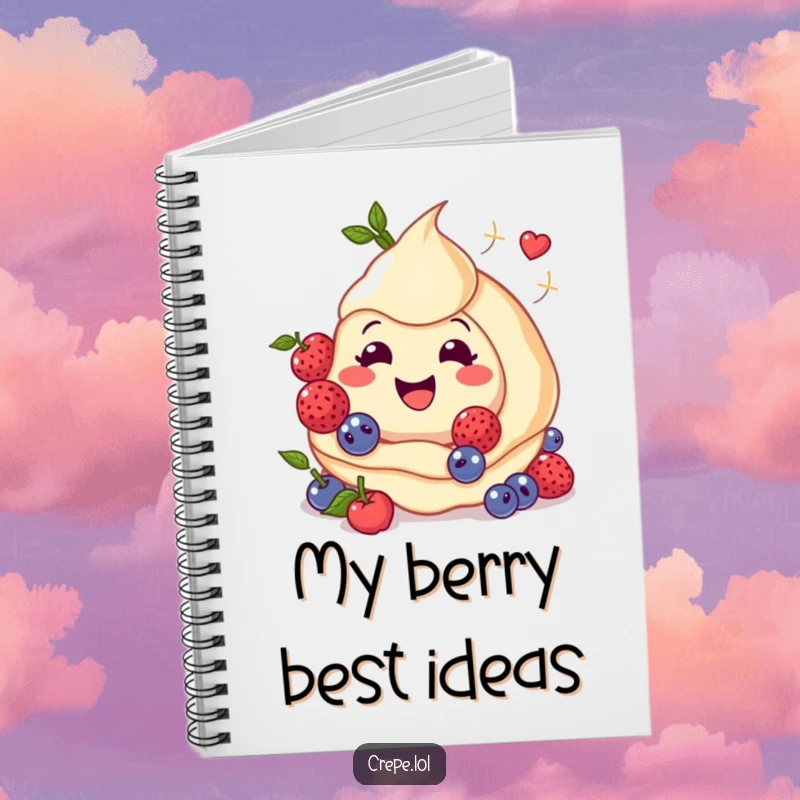Funny notebook cover with a smiling crepe and twirling berries, ready for delightful notes.