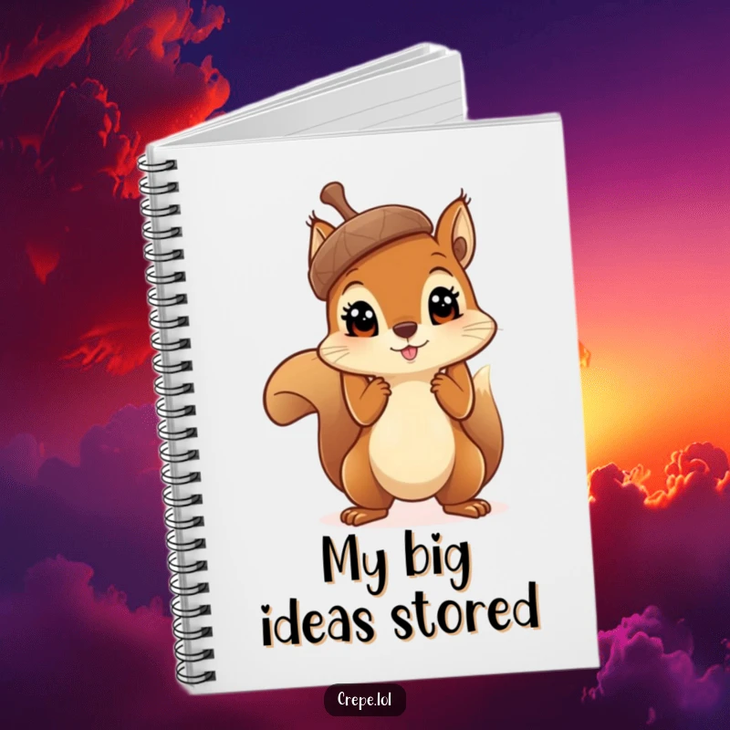 Funny squirrel with big eyes holding a massive acorn aloft, inspiring creativity in this humorous notebook.