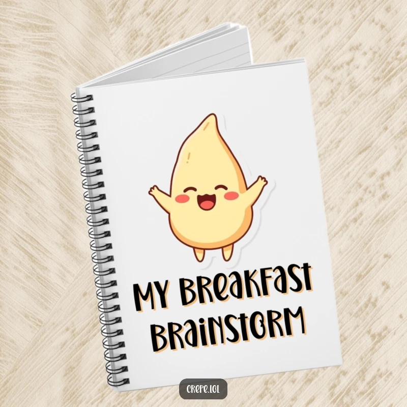 Funny notebook cover with a smiling crepe performing a joyful flip, ready for delightful notes.