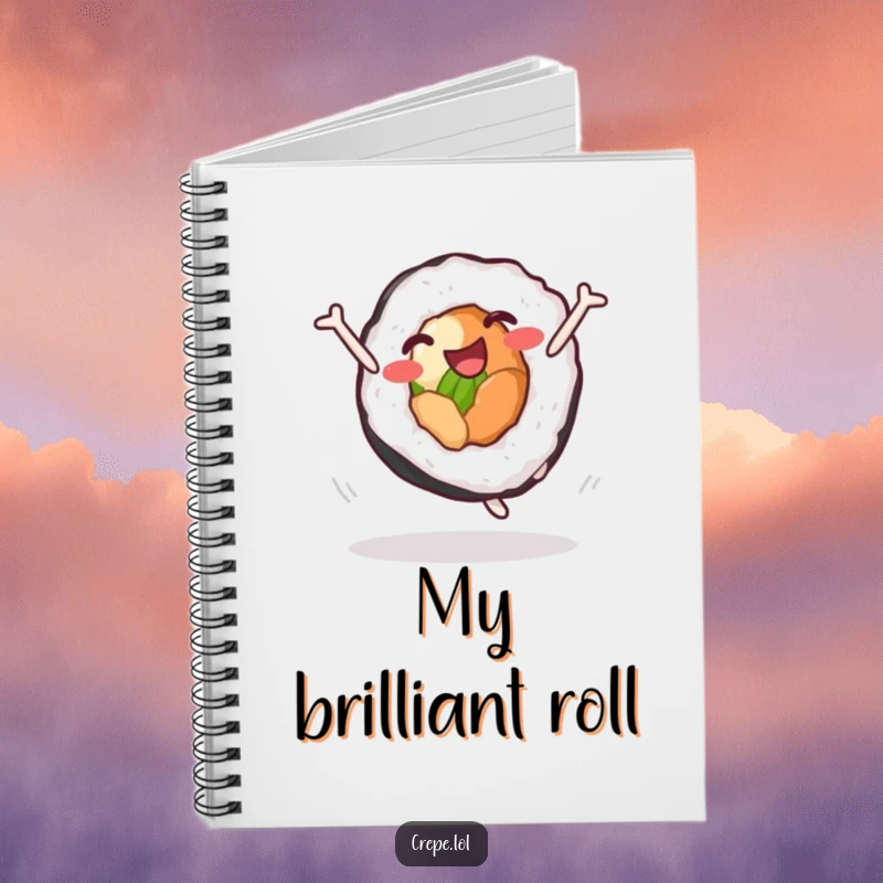 Funny sushi roll cartwheel notebook, featuring a happy character mid-cartwheel, ideal for jotting down notes with a dose of food-themed humor.