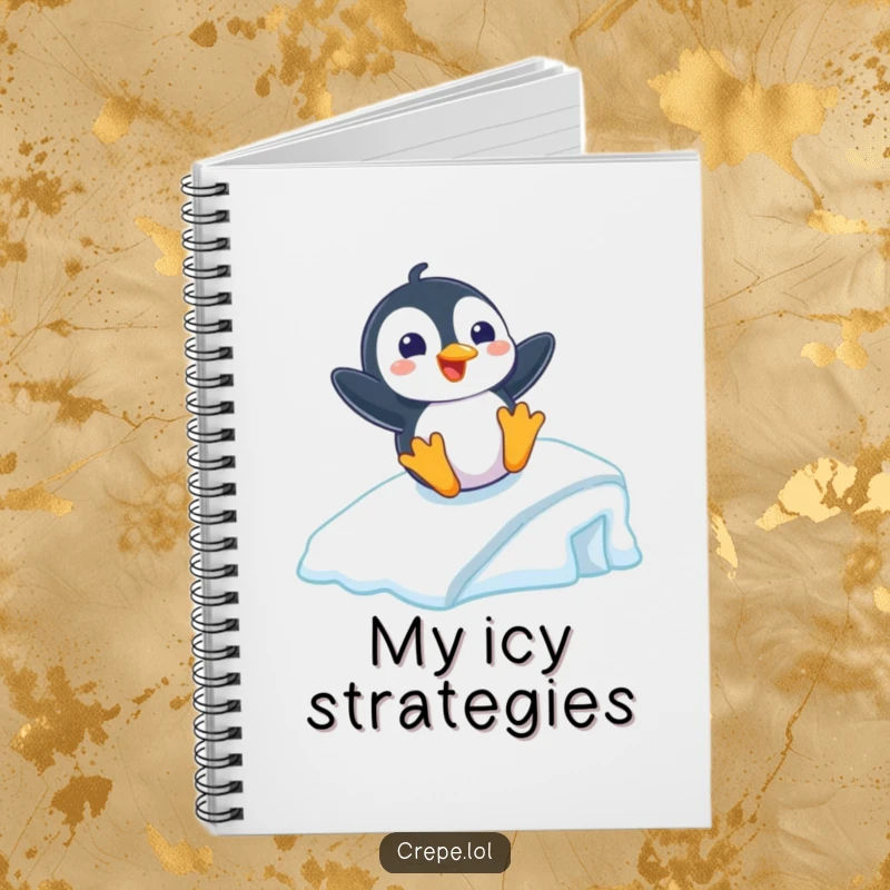 Funny notebook with a playful penguin with a grin sliding down an icy ramp, ideal for jotting ideas.