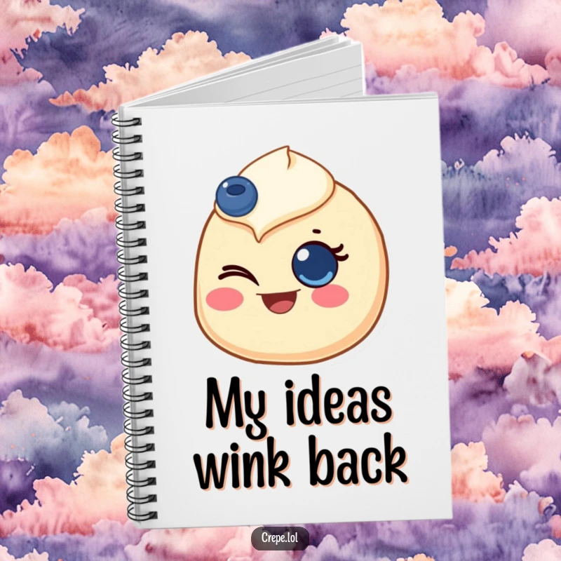 Funny notebook cover featuring a crepe with a blueberry eye, giving a joyful wink, perfect for note-taking with happiness.