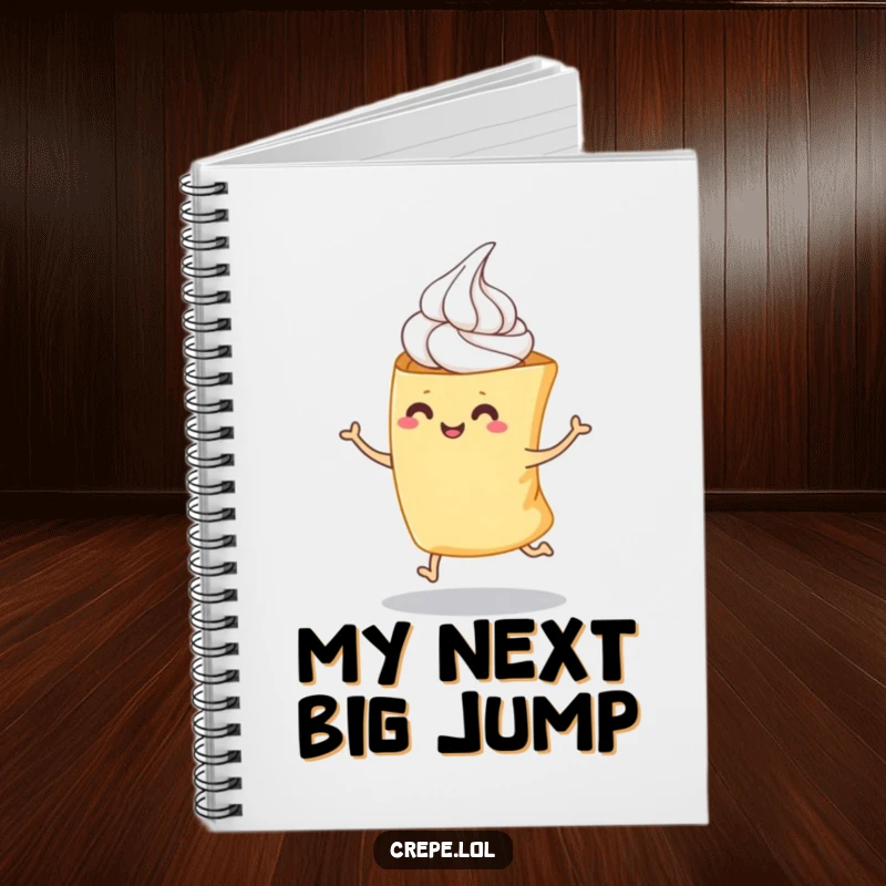 Funny notebook featuring a folded crepe with whipped cream hopping, perfect for jotting down notes with a playful and energetic touch.
