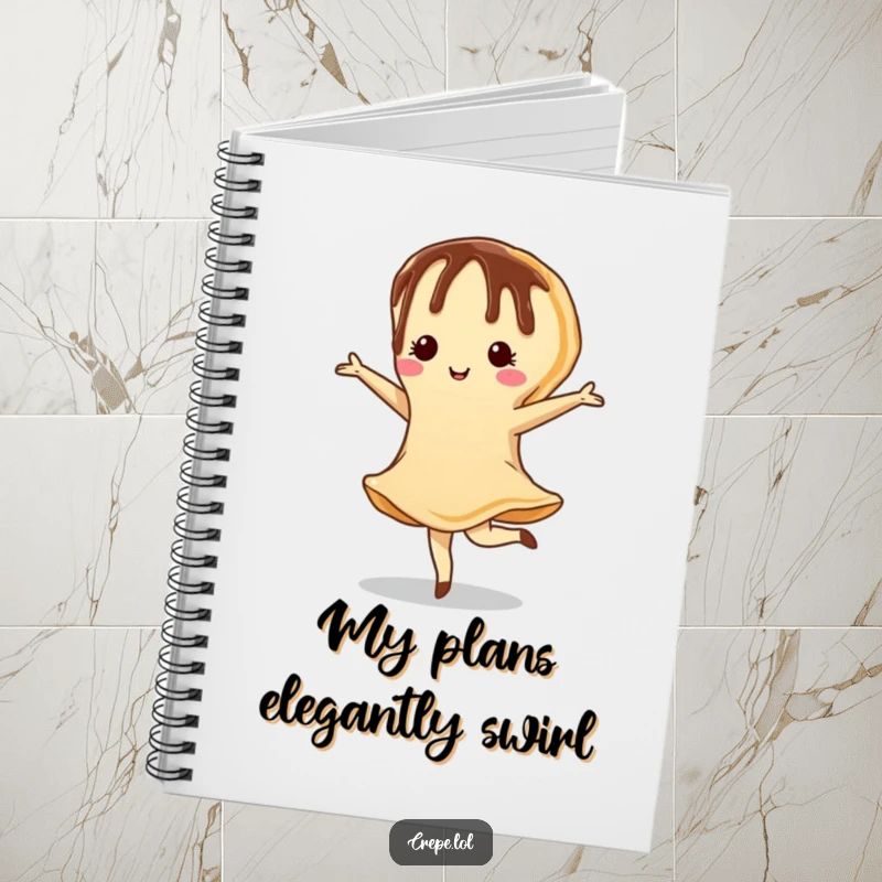 Funny notebook cover with a chocolate-drizzled crepe doing a graceful pirouette, perfect for capturing ideas with artistic flair.