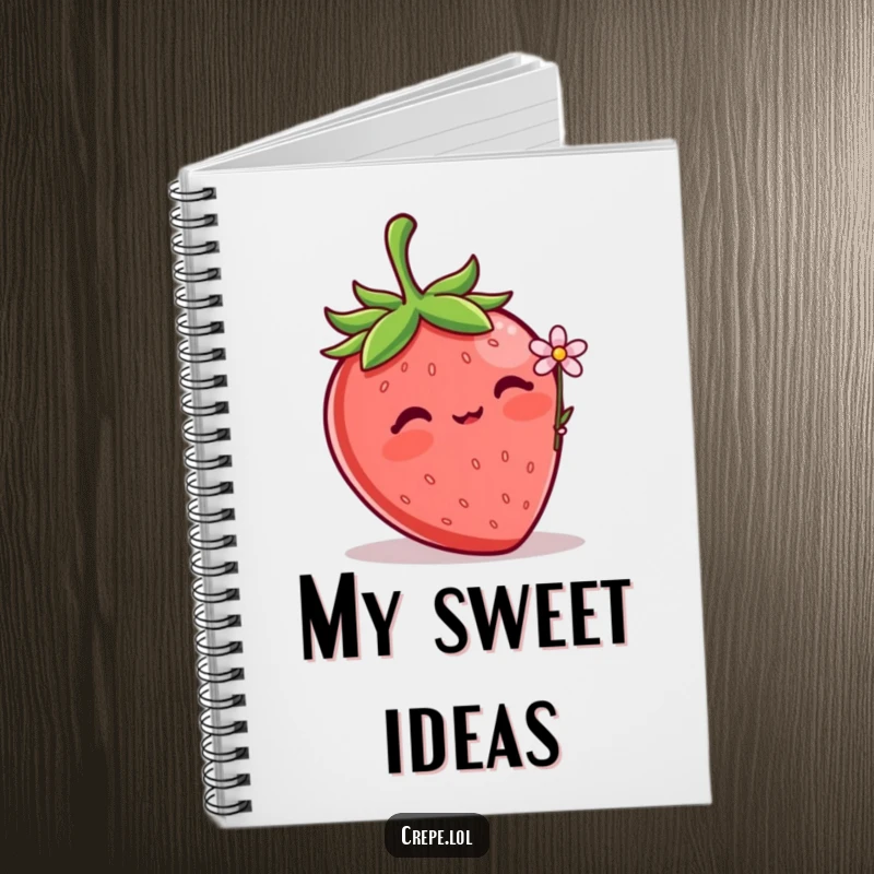 Funny Strawberry Flower Notebook with a blushing strawberry offering a tiny flower, ideal for writing sweet notes and reflections.
