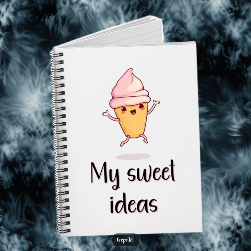Funny ice cream cone with legs doing a silly dance, featured on a notebook cover.