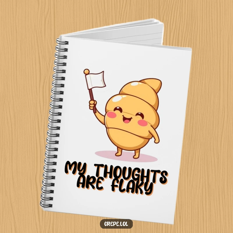 Funny croissant notebook with a smiling, winking character waving a flag, ideal for note-taking with French pastry humor.