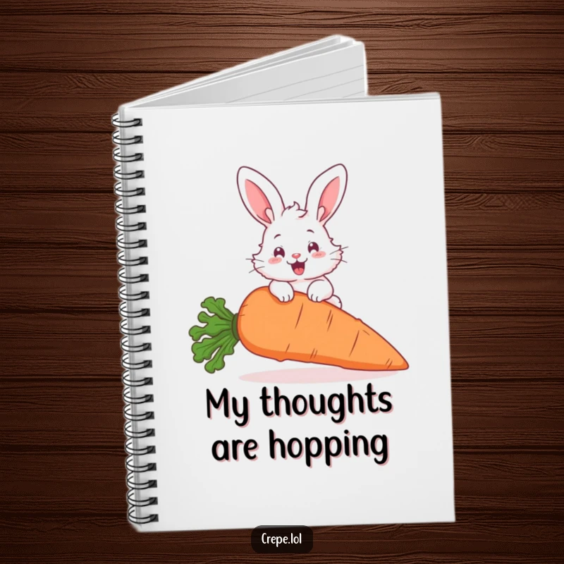 Funny fluffy bunny hopping over a giant carrot, inspiring creativity in this humorous notebook.
