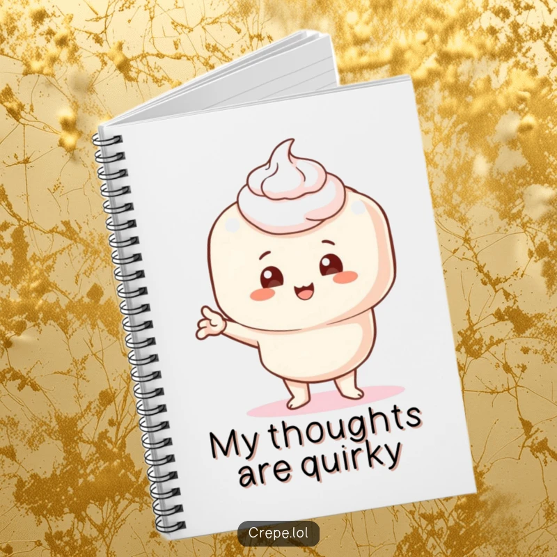 Funny notebook cover featuring a crepe with cream, striking a comical pose, perfect for note-taking with a smile.