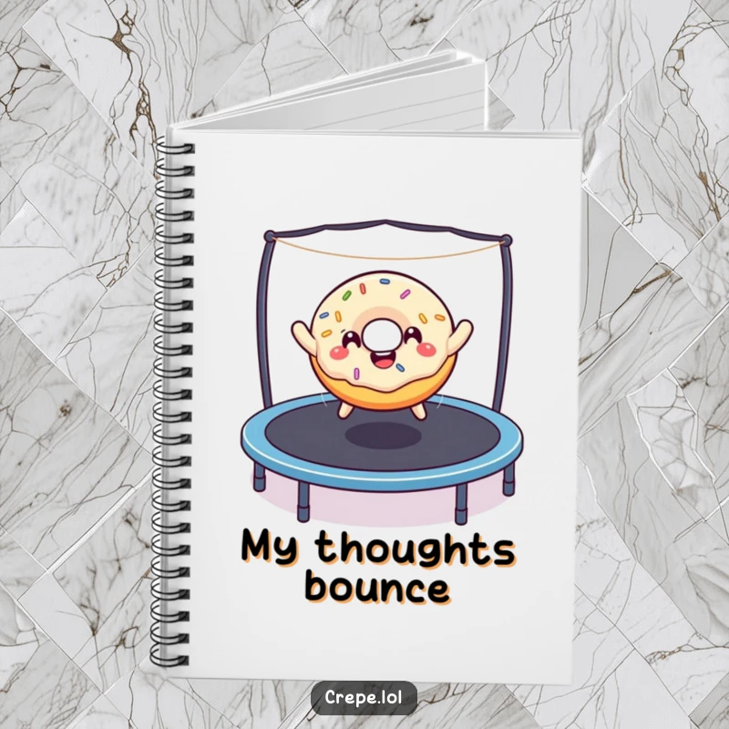 Funny donut with sprinkles energetically bouncing on a trampoline, inspiring creativity within this humorous notebook.