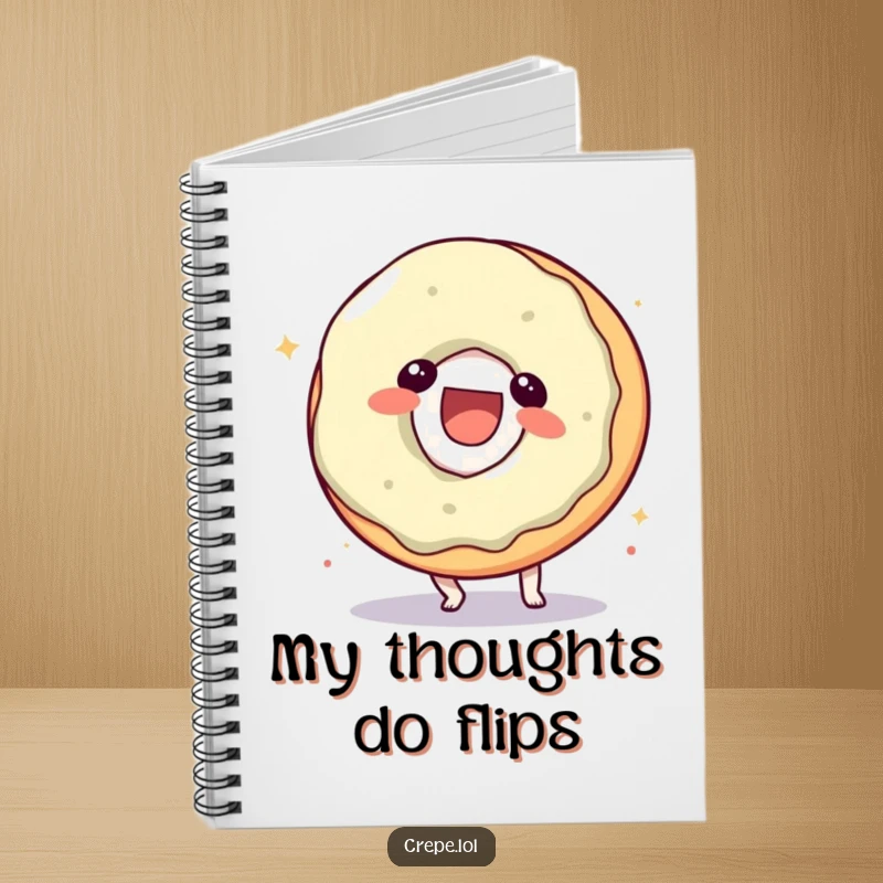 Funny donut character notebook, in a dynamic somersault, ideal for jotting down ideas with humor.